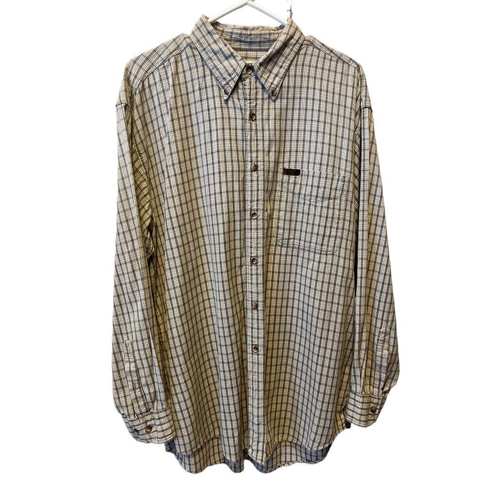 Woolrich , long sleeve button up , tan blue , size large
